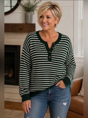 Pink Clover striped button knit sweater
